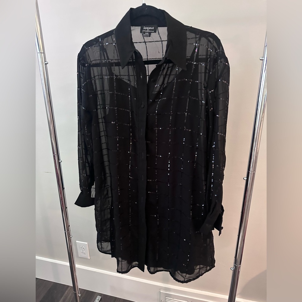 Black Anthropologie Sheer Sequin Shirt Dress